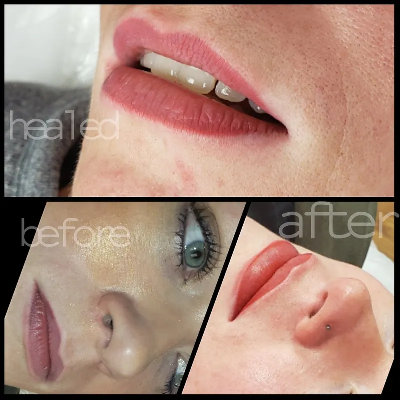 Lip blush before, after and healed