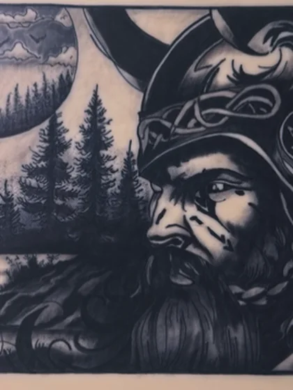 Viking and forest blackwork, tattooed on practice skin by Alex Iverson