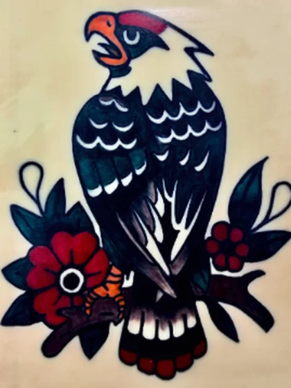Traditional eagle with roses, tattooed on practice skin by Alex Iverson