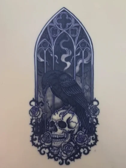 Raven and skull in a gothic window, tattooed on practice skin by Alex Iverson