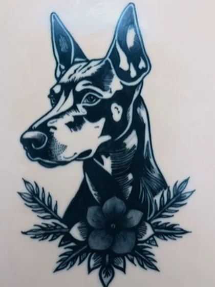 Doberman with florals, tattooed on practice skin by Alex Iverson