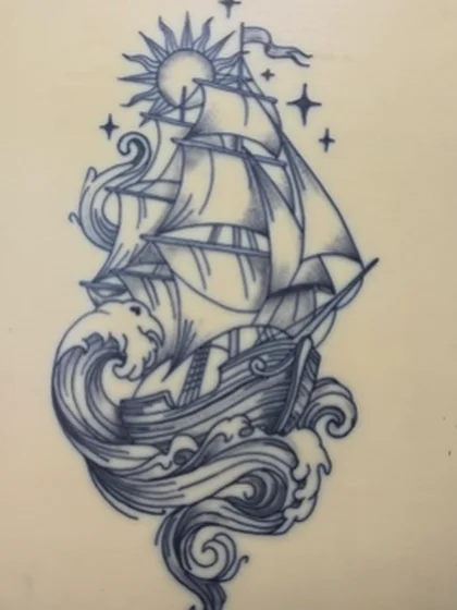 Ship on waves, tattooed on practice skin by Alex Iverson