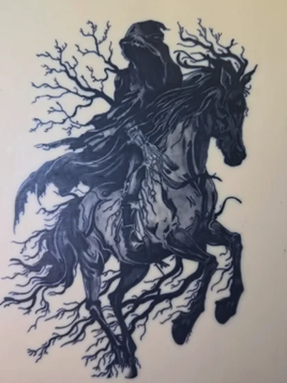 Headless horseman blackwork, tattooed on practice skin by Alex Iverson