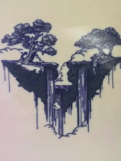 Trees on a floating island, tattooed on practice skin by Alex Iverson