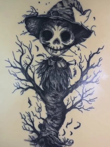 Skeleton scarecrow and tree, tattooed on practice skin by Alex Iverson