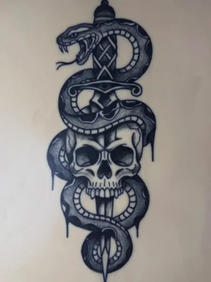 Snake and skull dagger, tattooed on practice skin by Alex Iverson