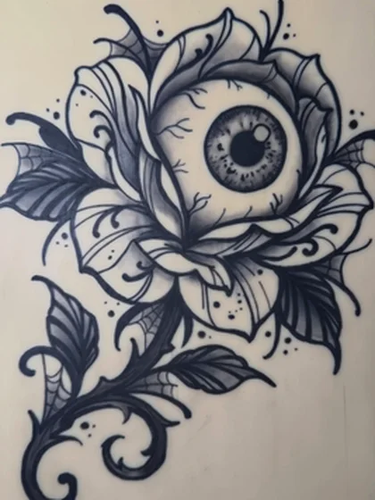 Eye in a rose, tattooed on practice skin by Alex Iverson